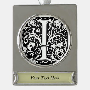 Letter I Middeleeuwse Monogram Art Nouveau Verzilverd Banner Ornament