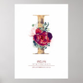 Letter I Monogram Bloem Burgundyrood en Goud Poster (Voorkant)