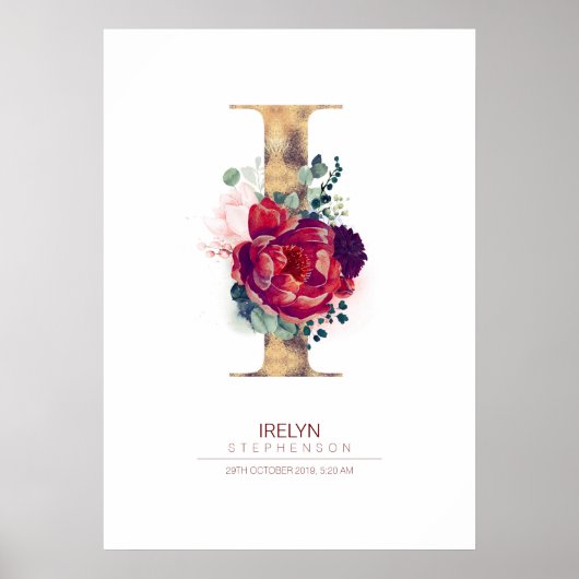 Letter I Monogram Bloem Burgundyrood en Goud Poster (Voorkant)