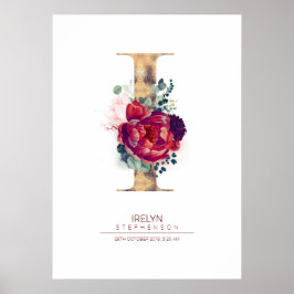 Letter I Monogram Bloemendesign bordeauxrood en go Poster