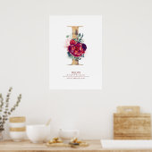 Letter I Monogram Bloemendesign bordeauxrood en go Poster (Keuken)