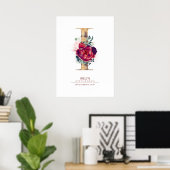 Letter I Monogram Florale Burgundyrood en Goud Poster (Thuiskantoor)