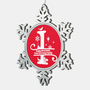 Letter I Monogram Initiaal Familienaam Greep Tin Sneeuwvlok Ornament