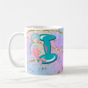 Letter I Monogram Waterverf Cute Mermaid Nursery Koffiemok