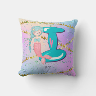 Letter I Monogram Waterverf Cute Mermaid Nursery Kussen