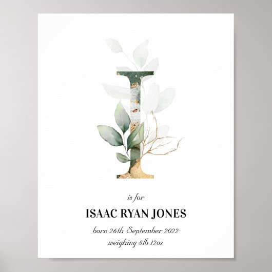 Letter I New Baby Monogram Birth Print Greenery (Voorkant)