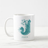 Letter J Blauwgroen Monogram Modern Name Coffee Mo Koffiemok (Links)