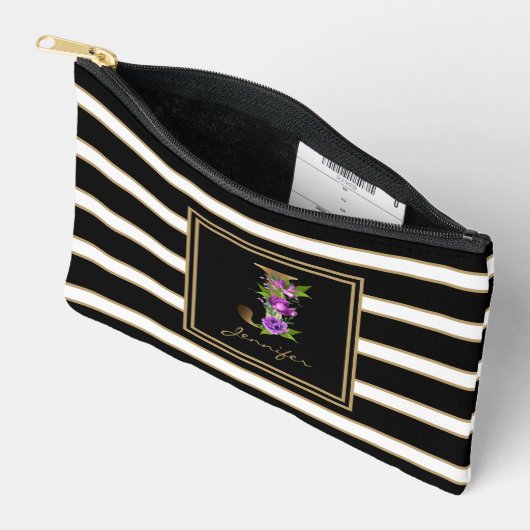 Letter J Bloemmonogram Zwart Wit Gouden Strepen Etui (Open)