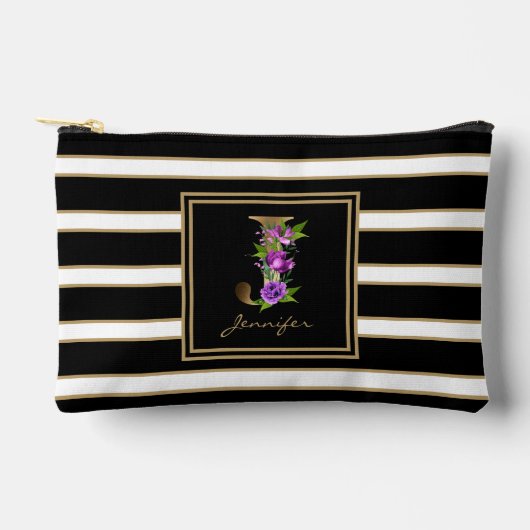 Letter J Bloemmonogram Zwart Wit Gouden Strepen Etui (Voorkant)