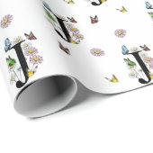 Letter J Bloemrijke Waterverf Vlinder Monogram  Cadeaupapier (Rol Hoek)
