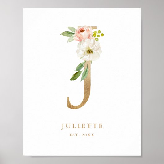 Letter J Blush Floral Monogram Gold Foil Nursery Poster (Voorkant)