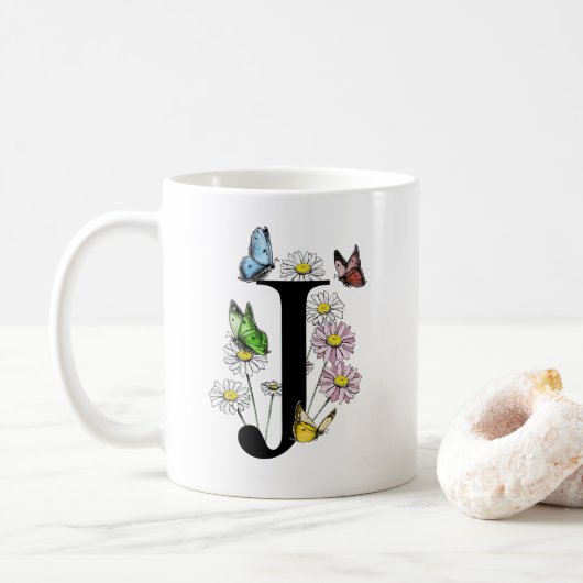 Letter J Botanische Waterverf Butterfly Monogram Koffiemok (Met donut)