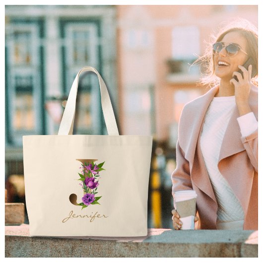 Letter J Elegant Floral Gold Monogram Grote Tote Bag