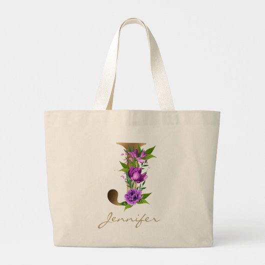 Letter J Elegant Floral Gold Monogram Grote Tote Bag (Achterkant)