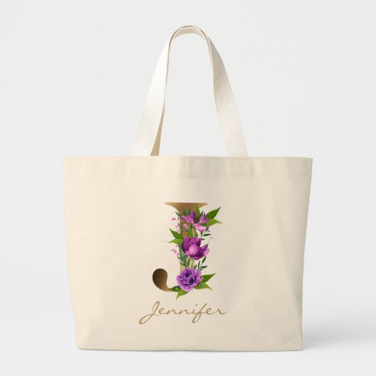 Letter J Elegant Floral Gold Monogram Grote Tote Bag (Voorkant)