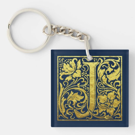 Letter J First Letter Faux Gold en Midnight Blue Sleutelhanger (Voorkant)