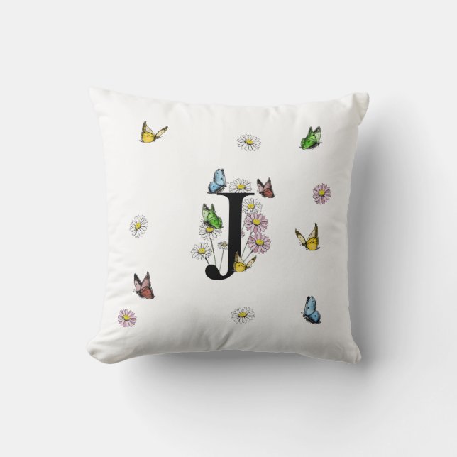Letter J Floral Butterfly Monogram Initiaal Kussen (Voorkant)