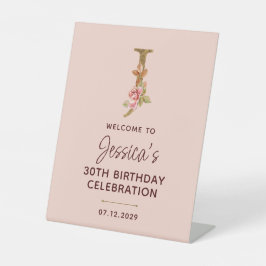 Letter J Gouden Monogram Roze Rozen Bord Reclamebord Met Voetstuk