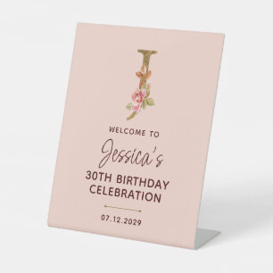 Letter J Gouden Monogram Roze Rozen Bord Reclamebord Met Voetstuk