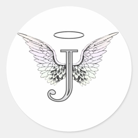 Letter J Initiaal Monogram met Angel Wings & Halo Ronde Sticker (Voorkant)