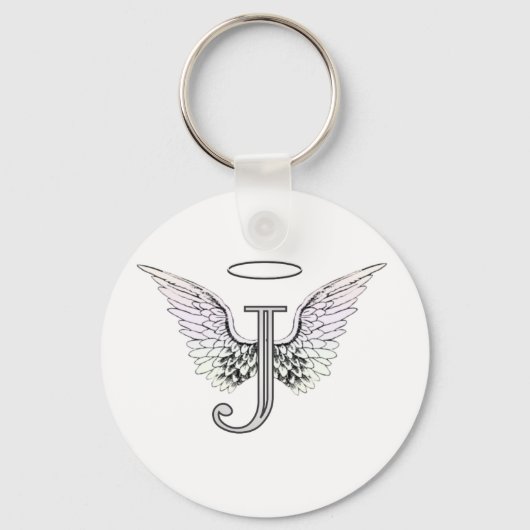 Letter J Initiaal Monogram met Angel Wings & Halo Sleutelhanger (Voorkant)