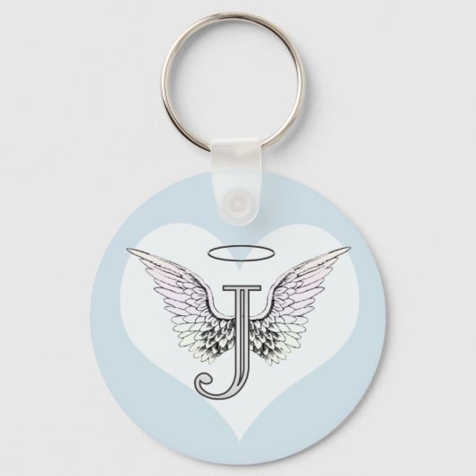 Letter J Initiaal Monogram met Angel Wings & Halo Sleutelhanger (Voorkant)