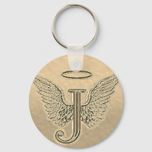 Letter J Initiaal Monogram met Angel Wings & Halo Sleutelhanger