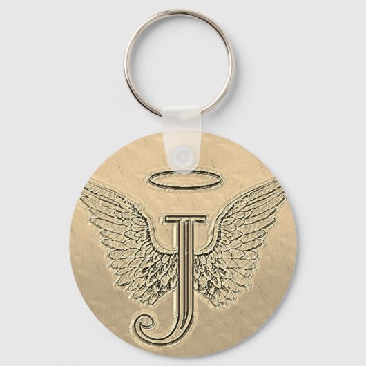 Letter J Initiaal Monogram met Angel Wings & Halo Sleutelhanger (Voorkant)