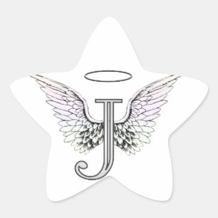 Letter J Initiaal Monogram met Angel Wings & Halo Ster Sticker