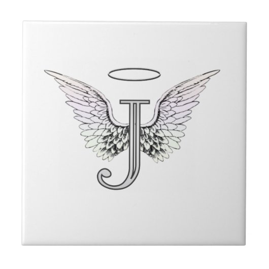 Letter J Initiaal Monogram met Angel Wings & Halo Tegeltje (Voorkant)
