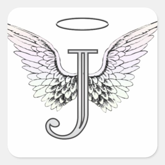 Letter J Initiaal Monogram met Angel Wings & Halo Vierkante Sticker (Voorkant)