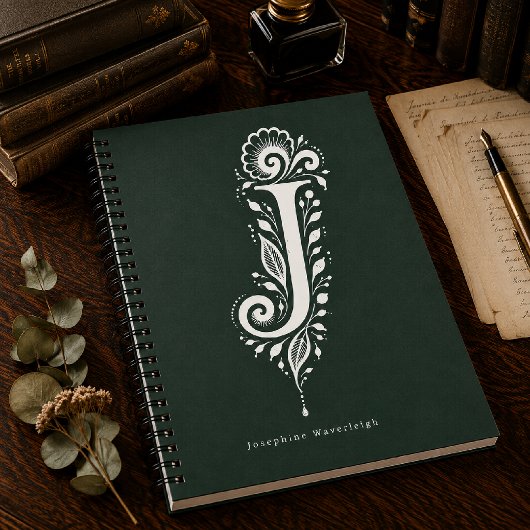 Letter J Linocut Botanische Monogram Notitieboek