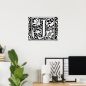 Letter J Middeleeuwse Monogram Vintage Initiaal Poster (Thuiskantoor)