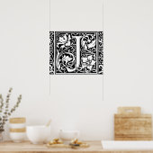 Letter J Middeleeuwse Monogram Vintage Initiaal Poster (Keuken)