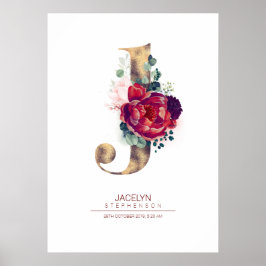 Letter J Monogram Bloem Burgundyrood en Goud Poster