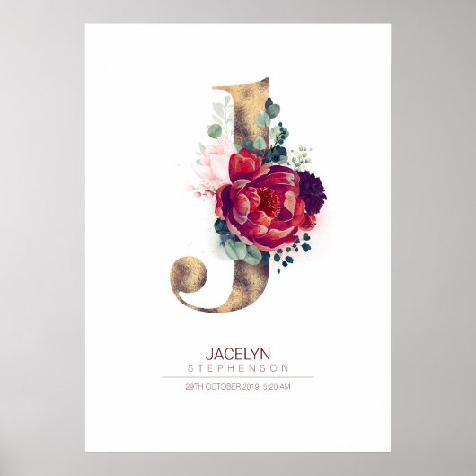 Letter J Monogram Bloem Burgundyrood en Goud Poster (Voorkant)