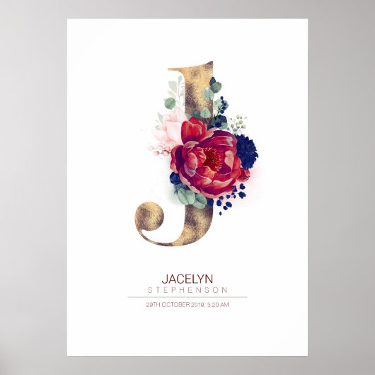 Letter J Monogram Bloemendesign Navyblauw en Wijnr Poster (Voorkant)
