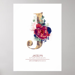 Letter J Monogram Floral Navy Blue en Burgundy Poster