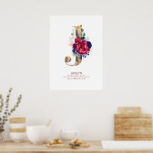 Letter J Monogram Florale Navyblauw en Bordeauxroo Poster (Keuken)