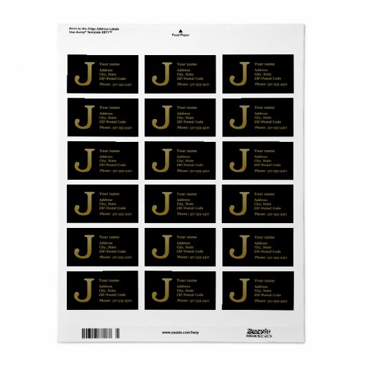 Letter J Monogram Gold Address Label (Full Sheet)