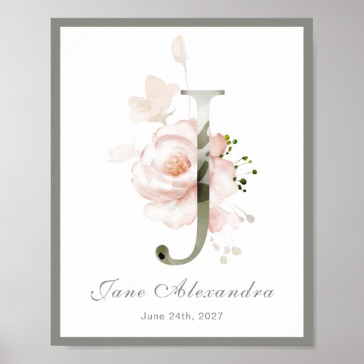 Letter J Monogram Pink White Floral Nursery Poster (Voorkant)