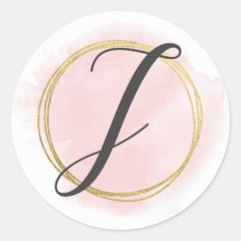 Letter J Monogram Roze Roze Waterverf Goud Chic Ronde Sticker