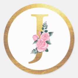 Letter J Monogram Roze Rozen Bloemen & Elegant Gou Ronde Sticker