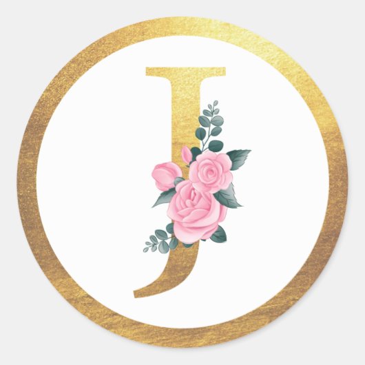 Letter J Monogram Roze Rozen Bloemen & Elegant Gou Ronde Sticker (Voorkant)