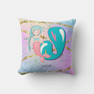 Letter J Monogram Waterverf Cute Mermaid Nursery Kussen