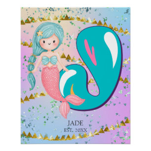 Letter J Monogram Waterverf Cute Mermaid Nursery Perfect Poster