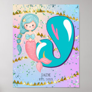 Letter J Monogram Waterverf Cute Mermaid Nursery Poster