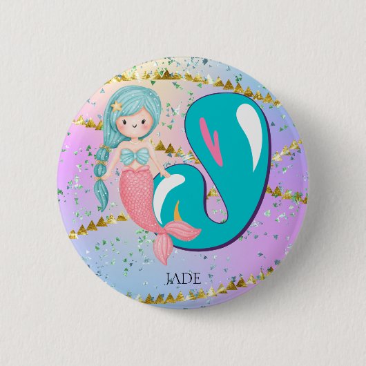 Letter J Monogram Waterverf Cute Mermaid Nursery Ronde Button 5,7 Cm (Voorkant)