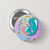 Letter J Monogram Waterverf Cute Mermaid Nursery Ronde Button 5,7 Cm (Voorkant /achterkant)