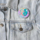 Letter J Monogram Waterverf Cute Mermaid Nursery Ronde Button 5,7 Cm (In situ)
